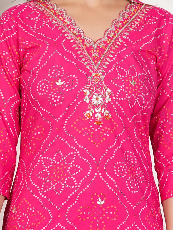 Rani Pink Bandhani Printed Pure Cotton Kurta Set with Handwork V-Neck & Dupatta