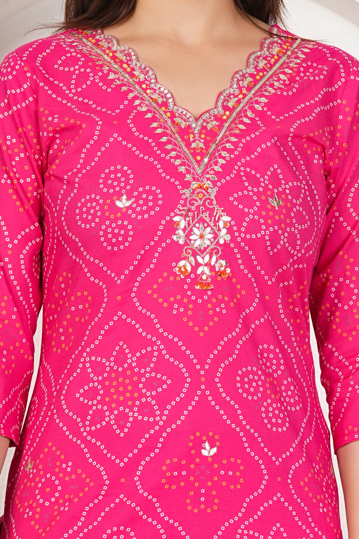 Bandhani Printed Pure Cotton Kurta Set with Handwork V-Neck & Dupatta