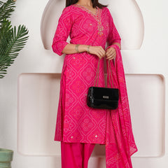 Rani Pink Bandhani Printed Pure Cotton Kurta Set with Handwork V-Neck & Dupatta