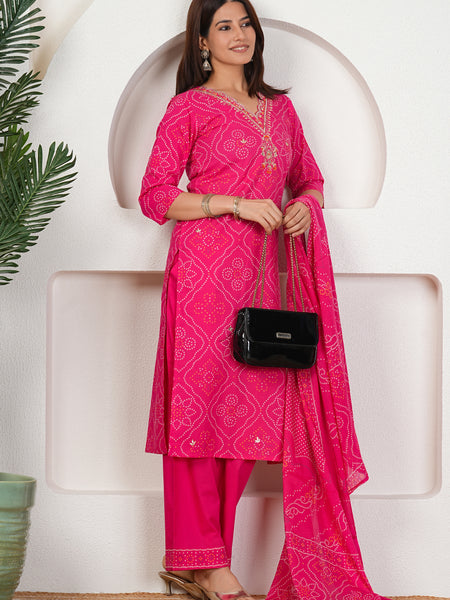 Rani Pink Bandhani Printed Pure Cotton Kurta Set with Handwork V-Neck & Dupatta