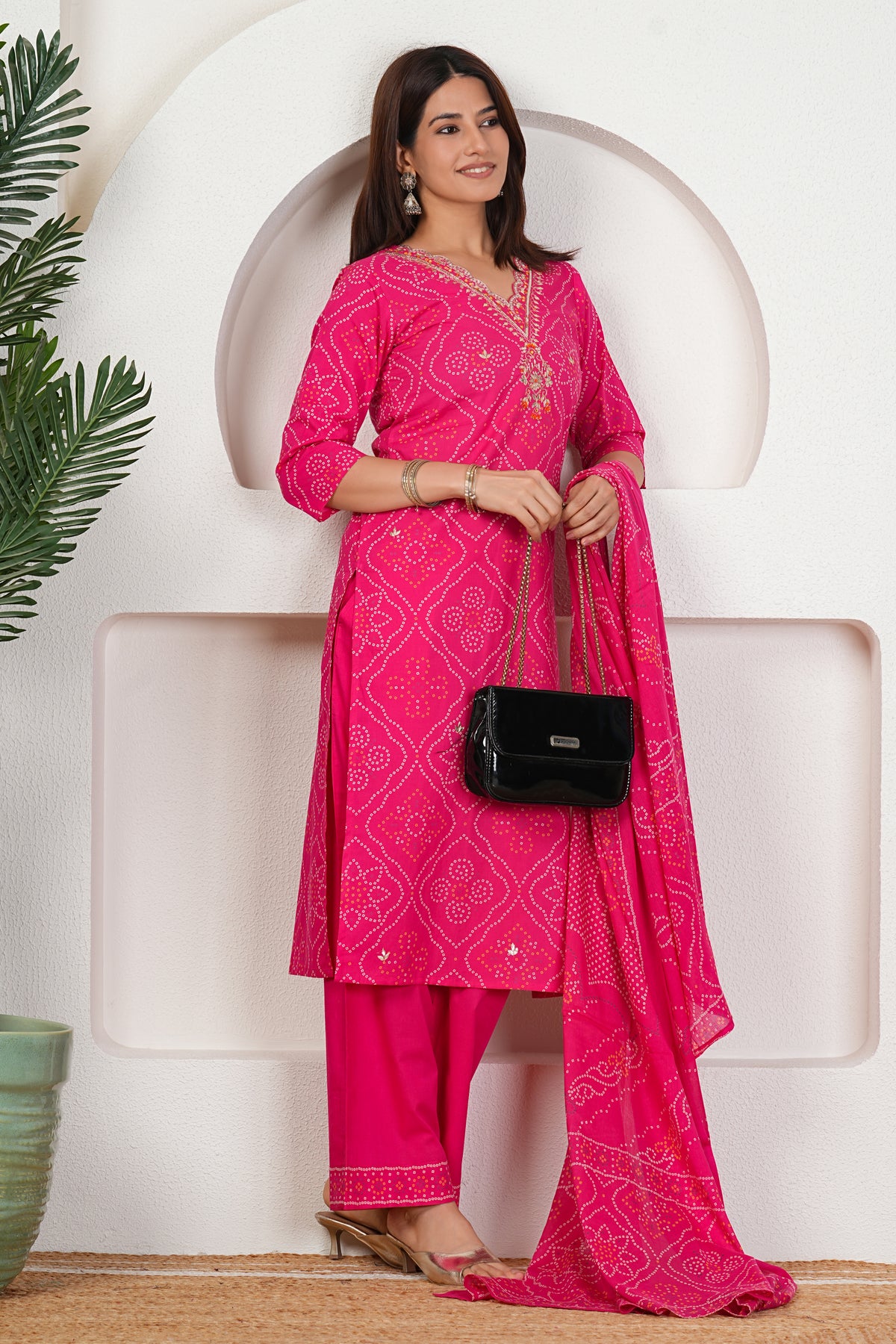 Bandhani Printed Pure Cotton Kurta Set with Handwork V-Neck & Dupatta