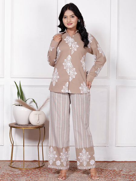 Beige Floral & Geometric Printed Cotton Co-Ord Set