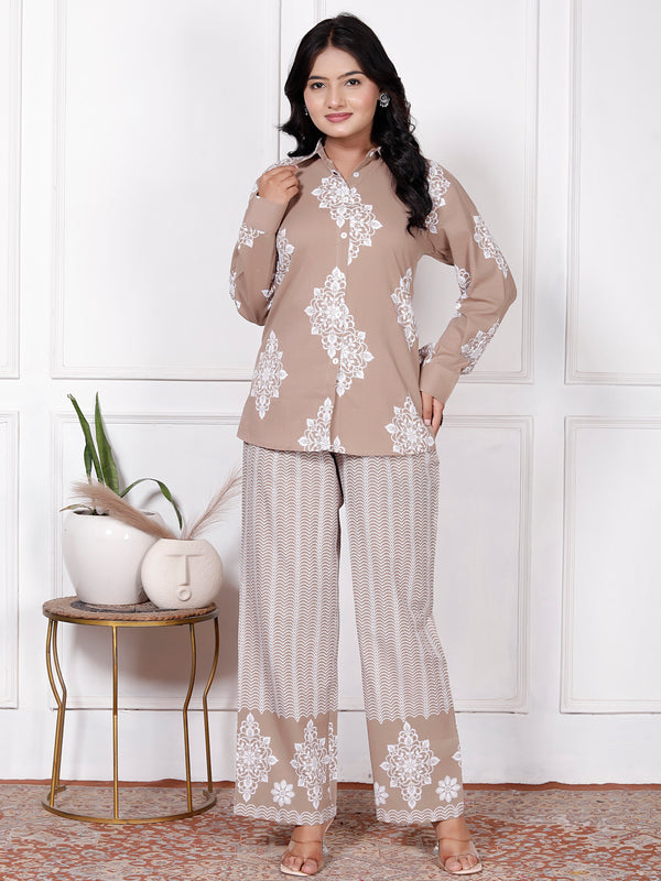 Beige Floral & Geometric Printed Cotton Co-Ord Set