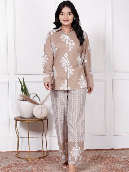 Beige Floral & Geometric Printed Cotton Co-Ord Set