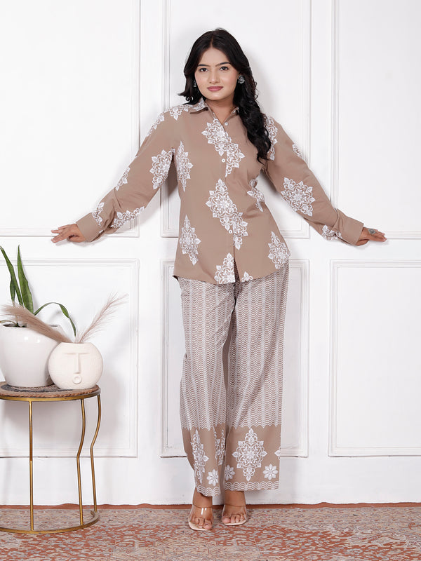 Beige Floral & Geometric Printed Cotton Co-Ord Set