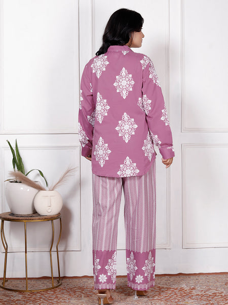 Mauve Pink Floral & Geometric Printed Cotton Co-Ord Set