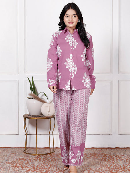 Mauve Pink Floral & Geometric Printed Cotton Co-Ord Set