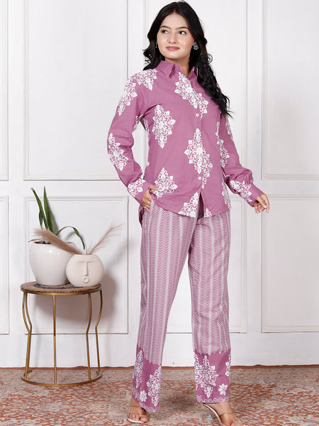 Mauve Pink Floral & Geometric Printed Cotton Co-Ord Set