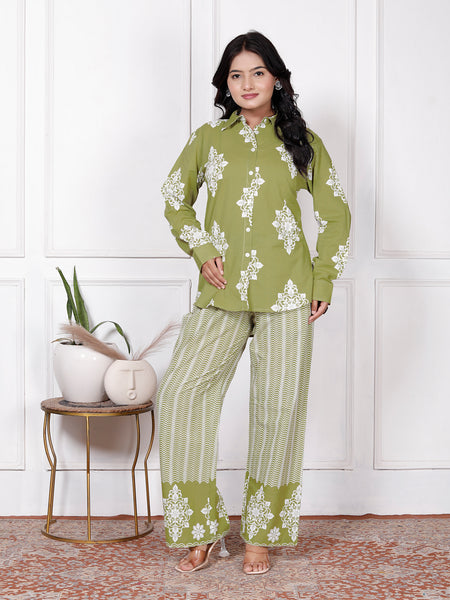 Olive Green Floral & Geometric Printed Cotton Co-Ord Set