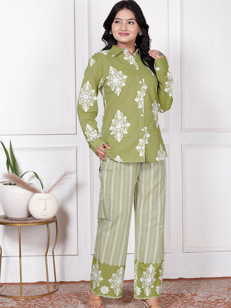 Olive Green Floral & Geometric Printed Cotton Co-Ord Set