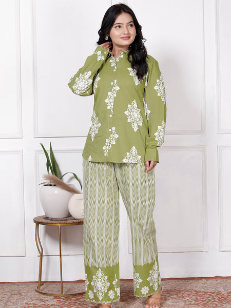 Olive Green Floral & Geometric Printed Cotton Co-Ord Set
