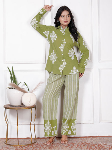 Olive Green Floral & Geometric Printed Cotton Co-Ord Set