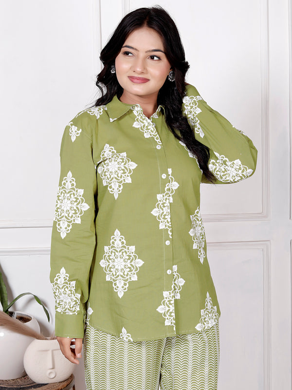 Teal Blue Cotton Floral & Geometric Print Co-Ord Se