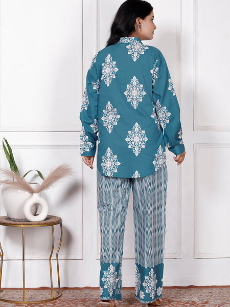 Teal Blue Cotton Floral & Geometric Print Co-Ord Se