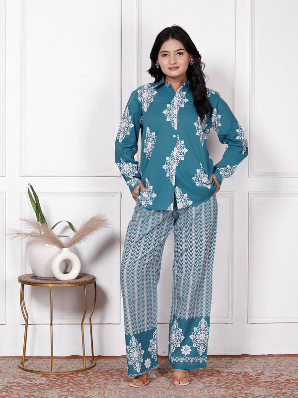 Beige Floral & Geometric Printed Cotton Co-Ord Set