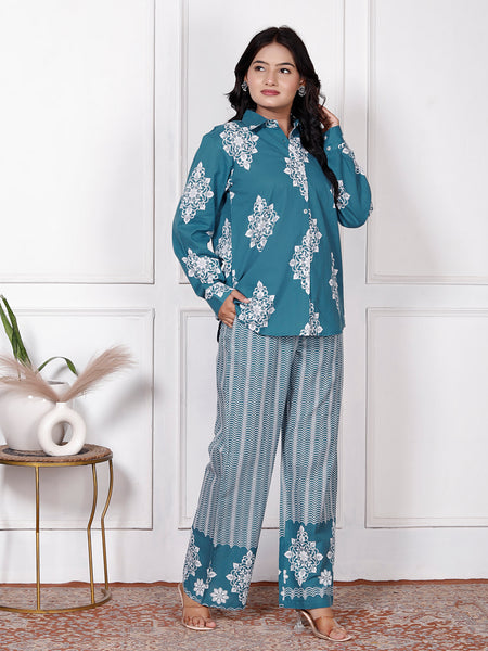Teal Blue Cotton Floral & Geometric Print Co-Ord Se