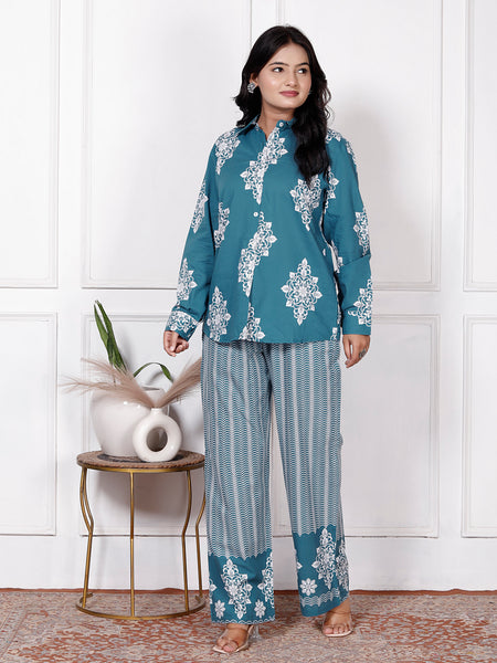 Teal Blue Cotton Floral & Geometric Print Co-Ord Se