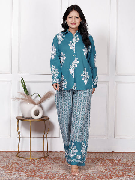 Teal Blue Cotton Floral & Geometric Print Co-Ord Se