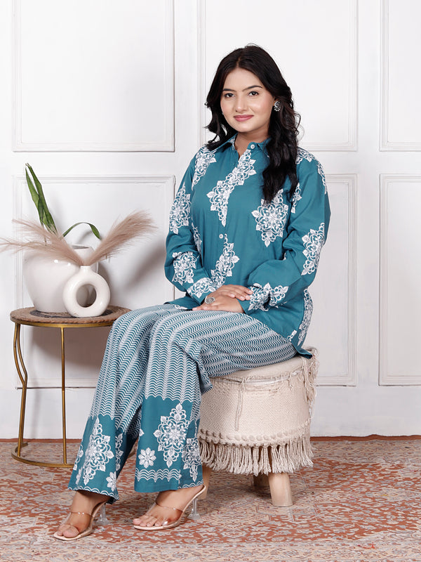 Beige Floral & Geometric Printed Cotton Co-Ord Set