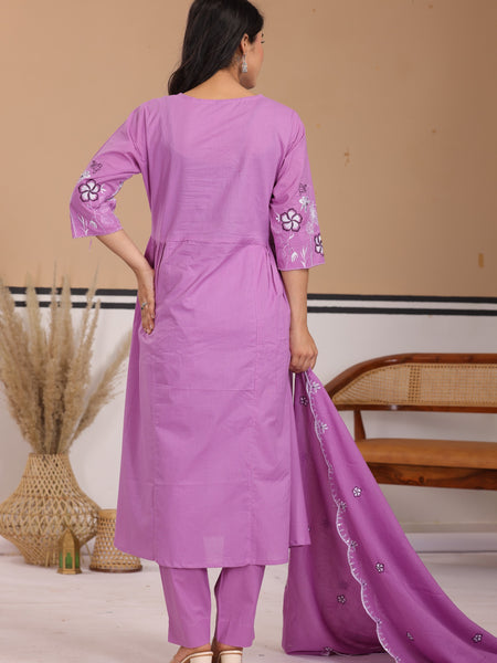 Lavender Floral Thread Work Cotton A-Line Kurta Set with Dupatta