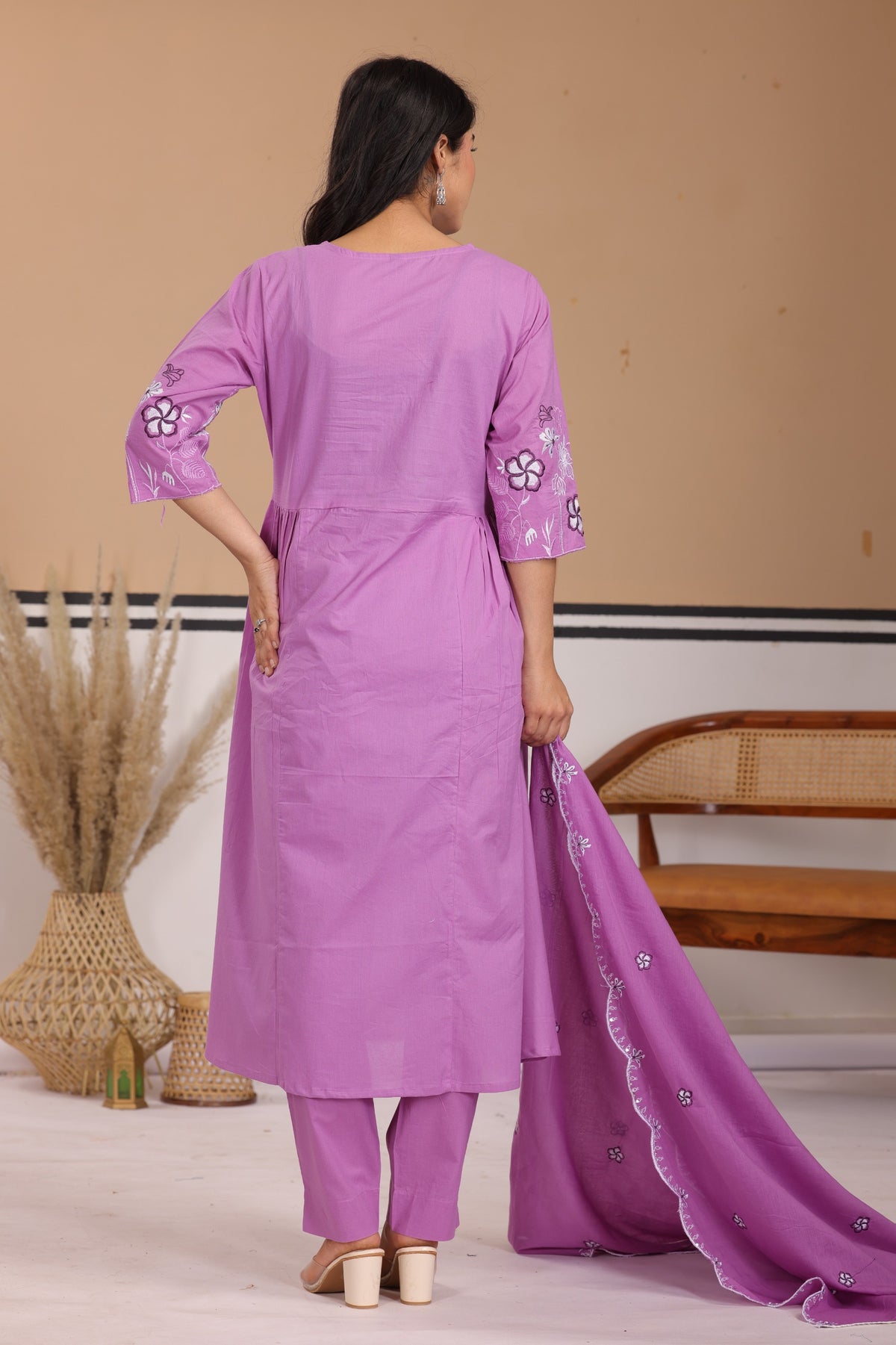 Floral Thread Work Cotton A-Line Kurta Set with Dupatta