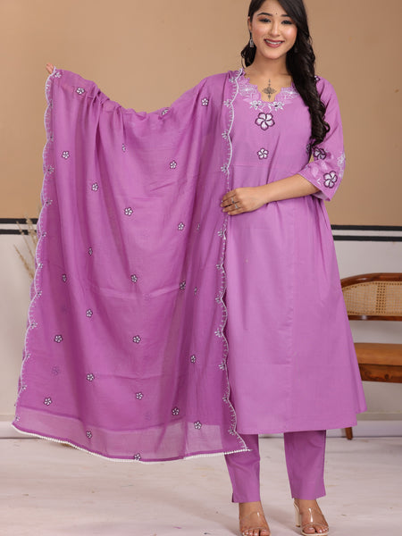 Lavender Floral Thread Work Cotton A-Line Kurta Set with Dupatta