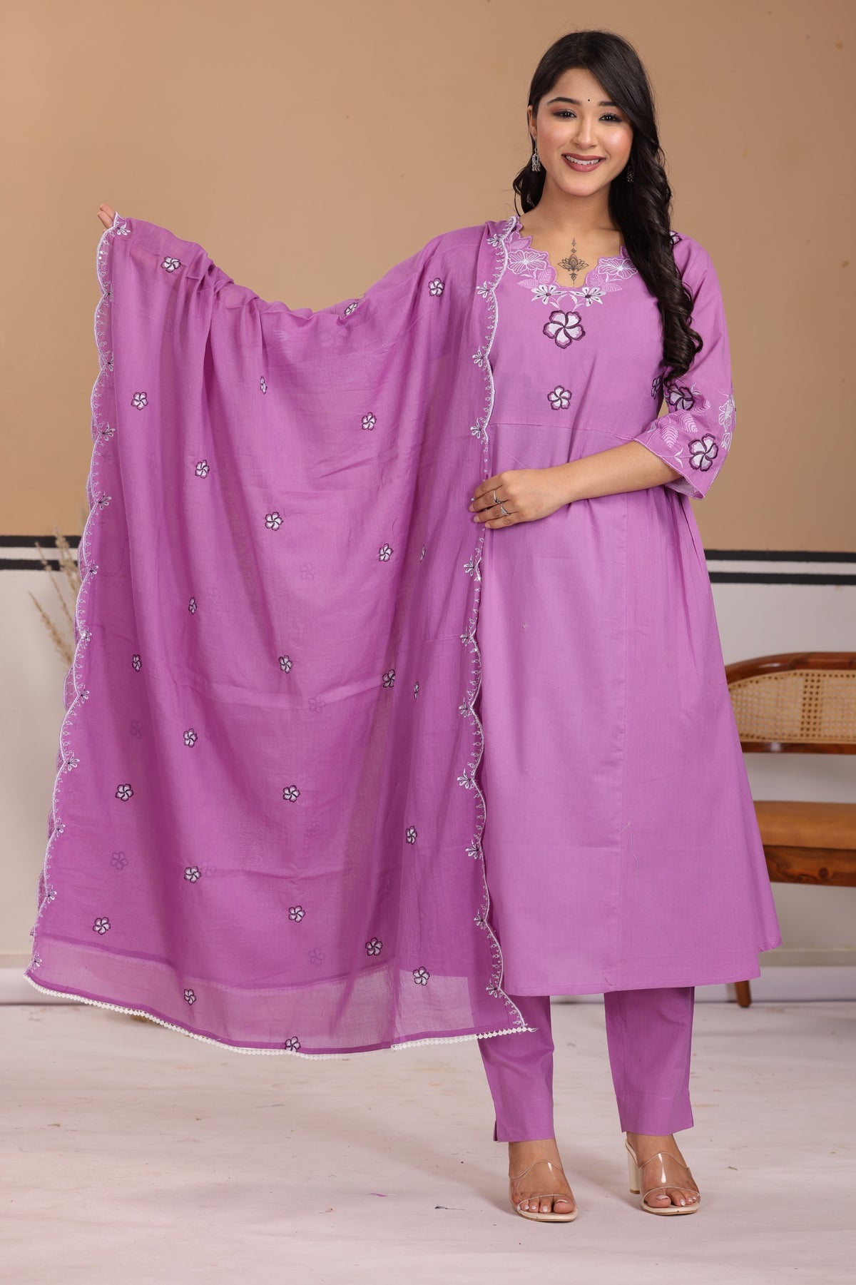 Floral Thread Work Cotton A-Line Kurta Set with Dupatta
