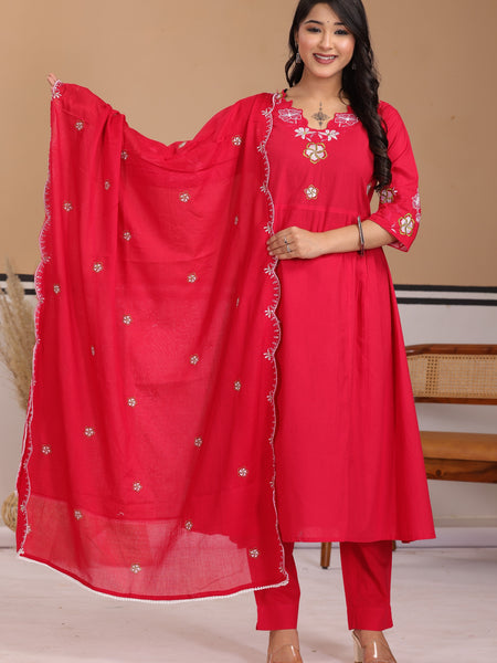 Magenta Red Floral Embroidered Cotton A-Line Kurta Set with Dupatta