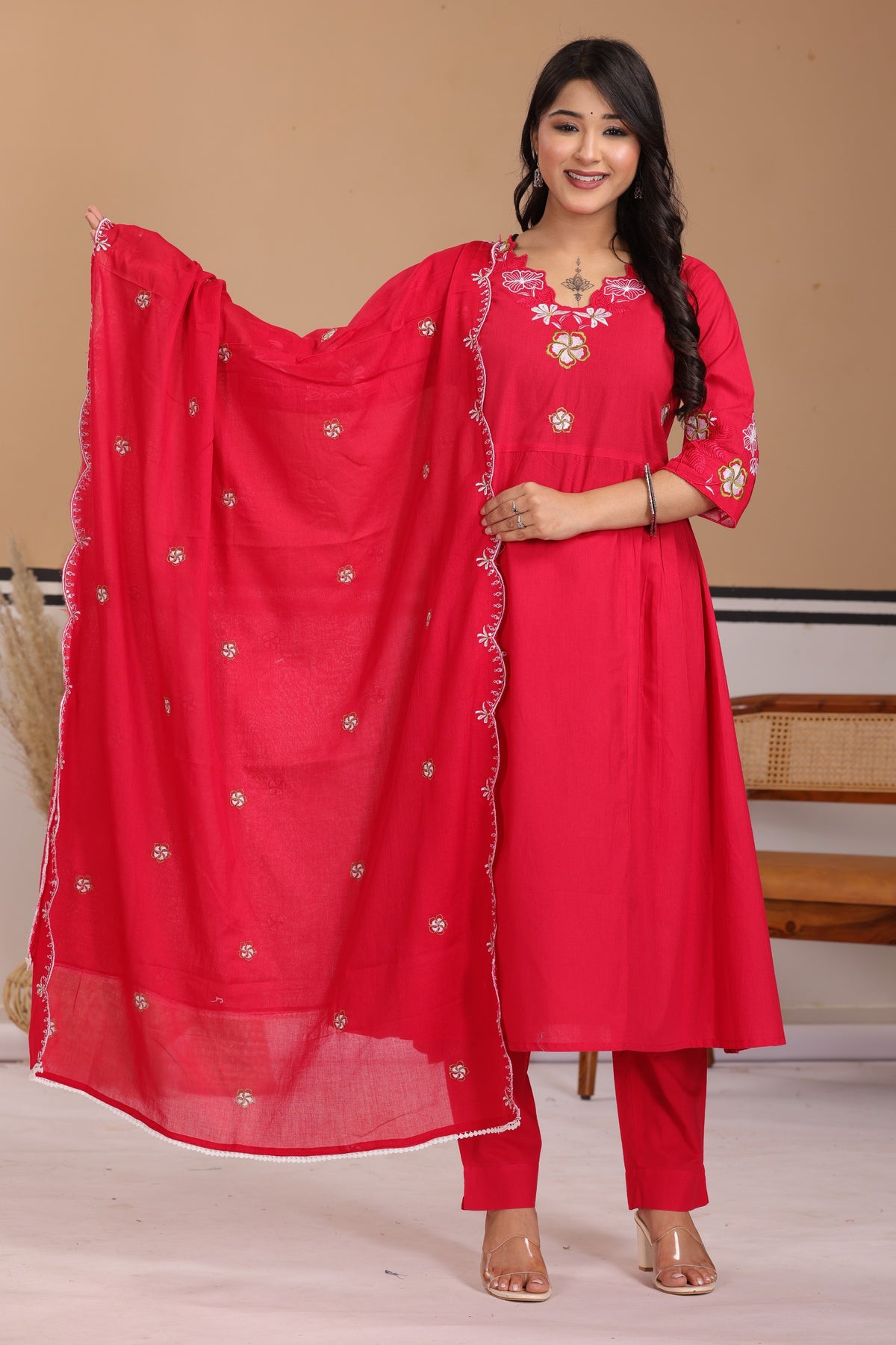 Floral Thread Work Cotton A-Line Kurta Set with Dupatta