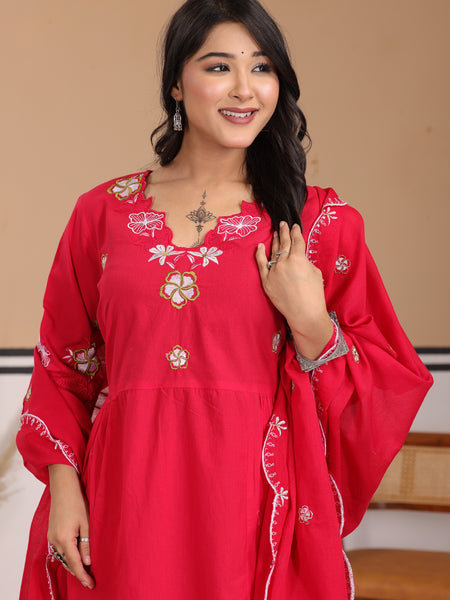Magenta Red Floral Embroidered Cotton A-Line Kurta Set with Dupatta