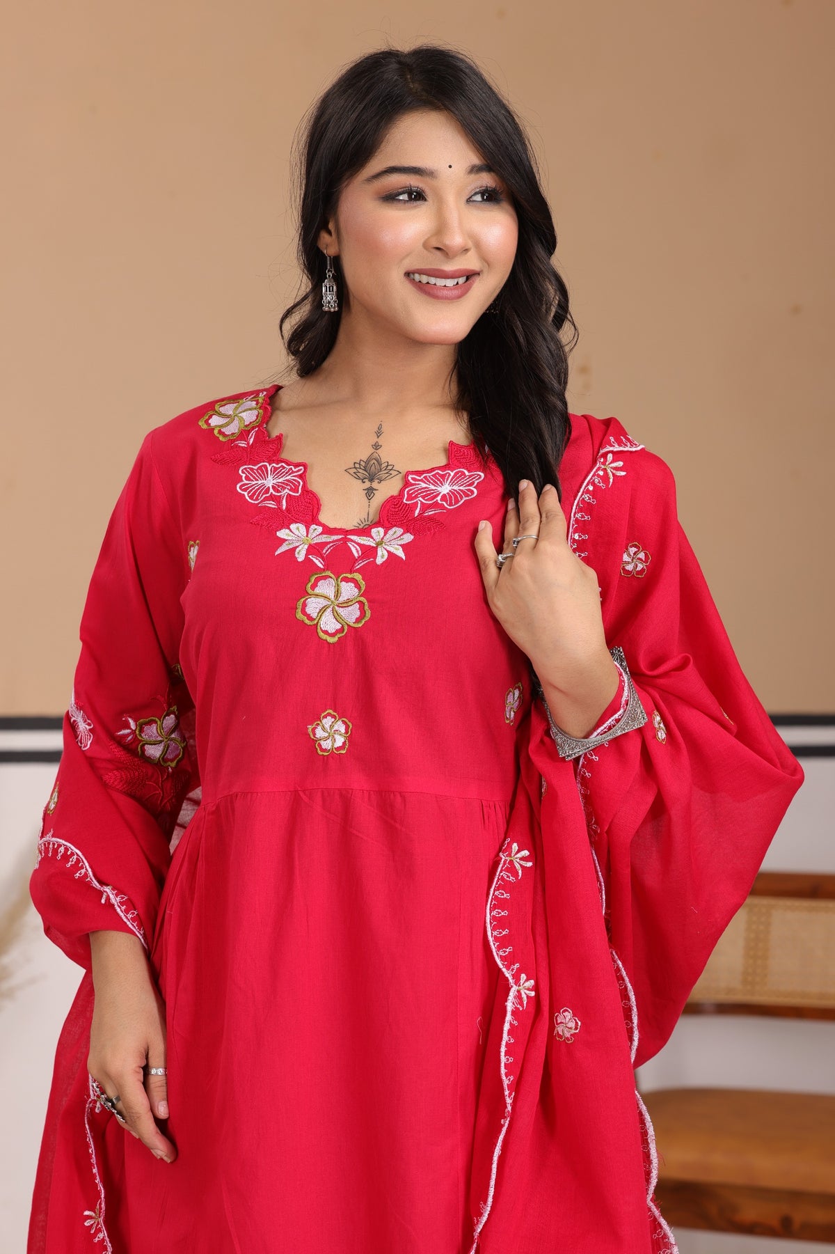 Floral Thread Work Cotton A-Line Kurta Set with Dupatta