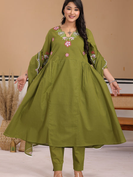 Mehendi Green Floral Embroidered Cotton A-Line Kurta Set with Dupatta