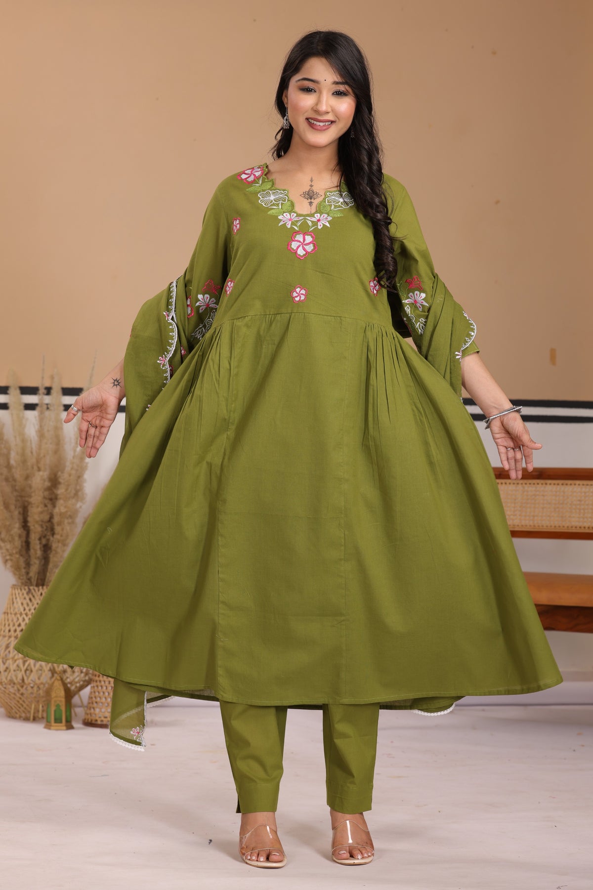 Floral Thread Work Cotton A-Line Kurta Set with Dupatta
