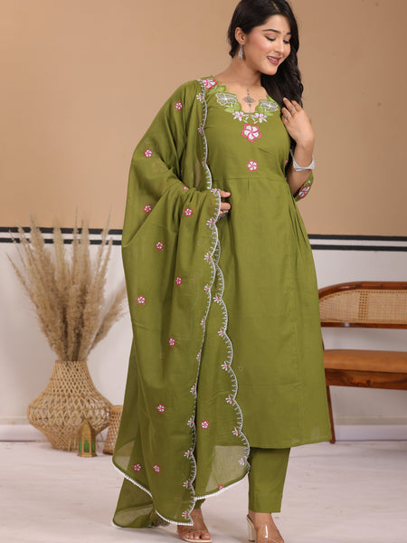 Mehendi Green Floral Embroidered Cotton A-Line Kurta Set with Dupatta