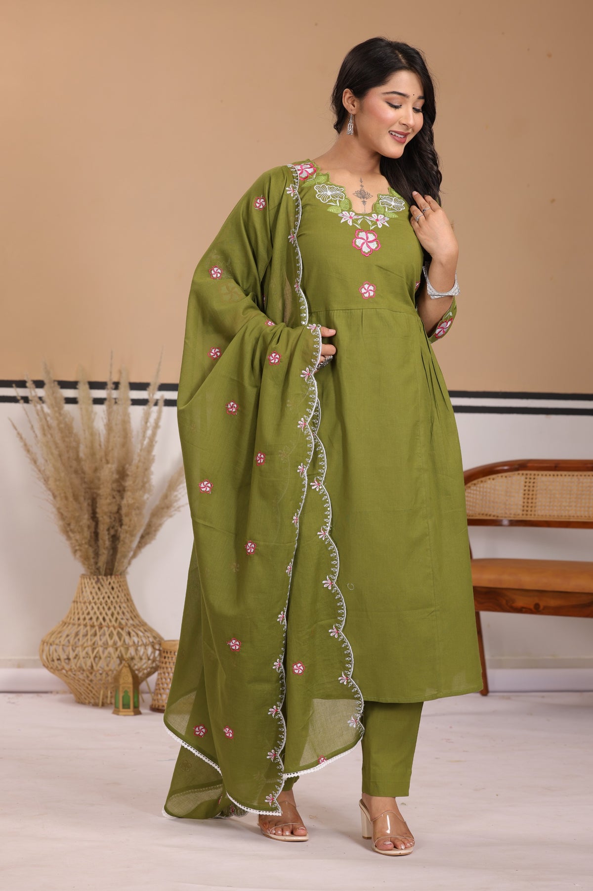 Floral Thread Work Cotton A-Line Kurta Set with Dupatta
