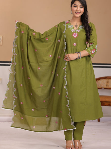 Mehendi Green Floral Embroidered Cotton A-Line Kurta Set with Dupatta