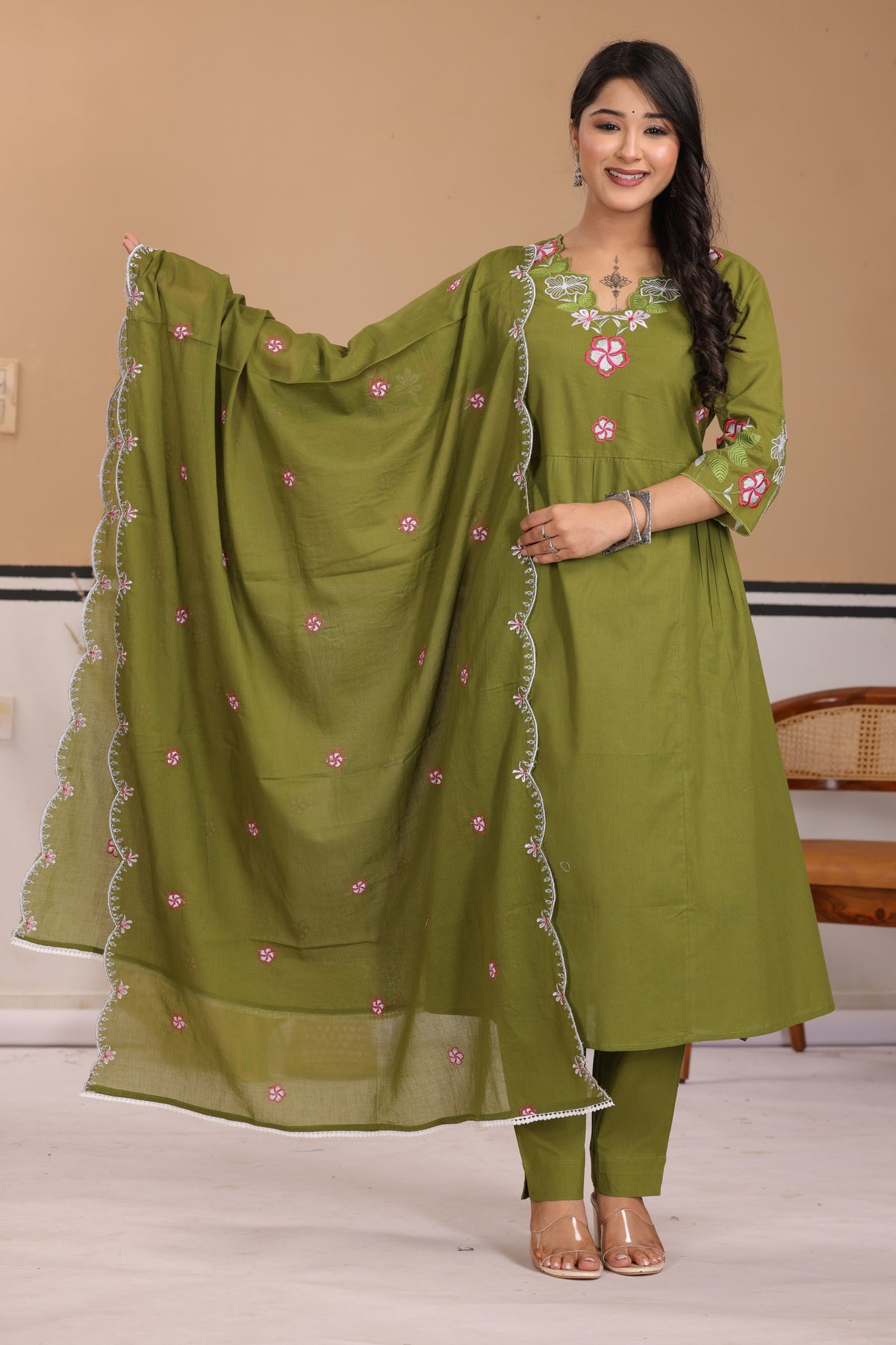 Floral Thread Work Cotton A-Line Kurta Set with Dupatta