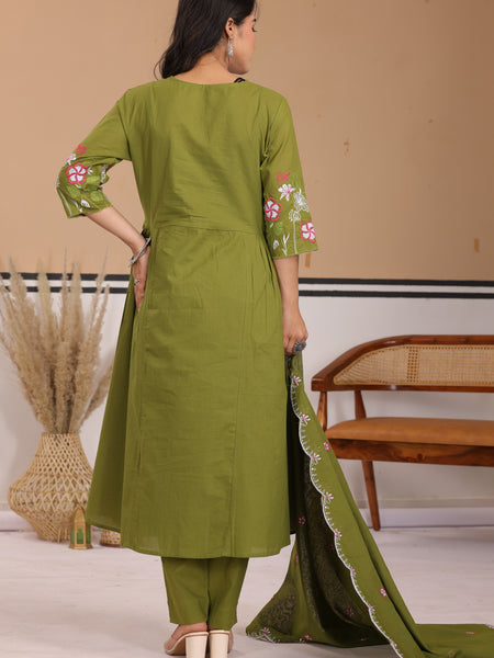 Mehendi Green Floral Embroidered Cotton A-Line Kurta Set with Dupatta