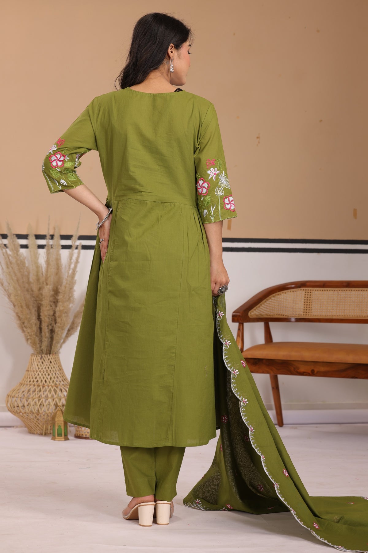Floral Thread Work Cotton A-Line Kurta Set with Dupatta