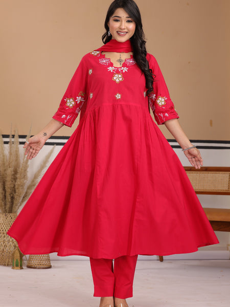 Magenta Red Floral Embroidered Cotton A-Line Kurta Set with Dupatta