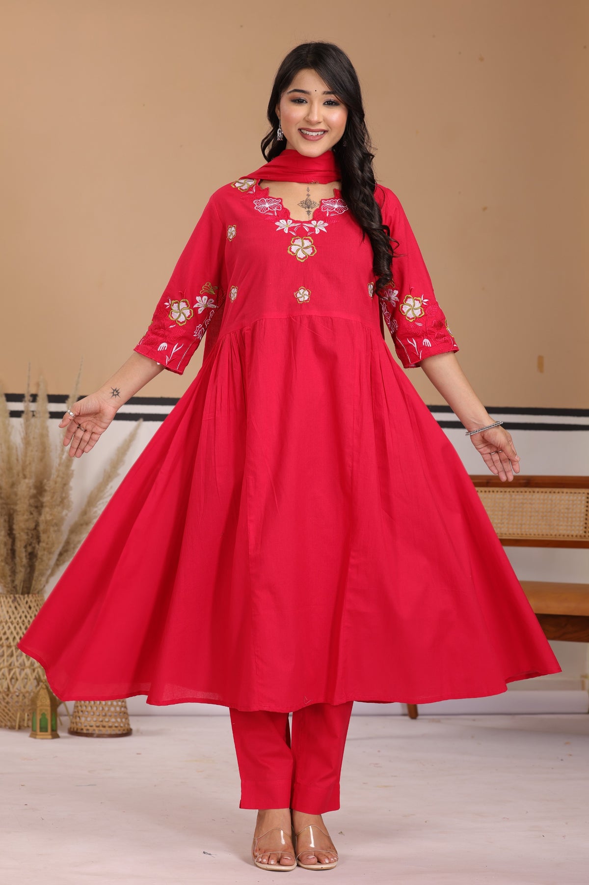 Floral Thread Work Cotton A-Line Kurta Set with Dupatta
