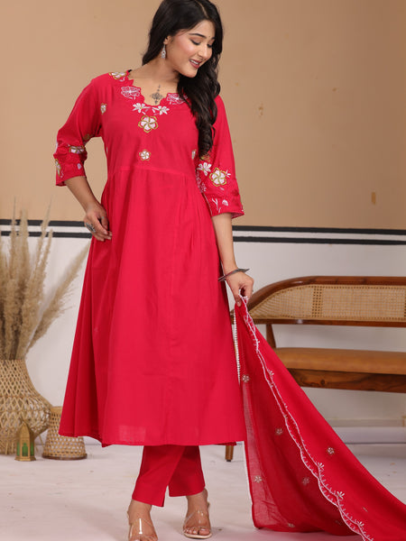 Magenta Red Floral Embroidered Cotton A-Line Kurta Set with Dupatta