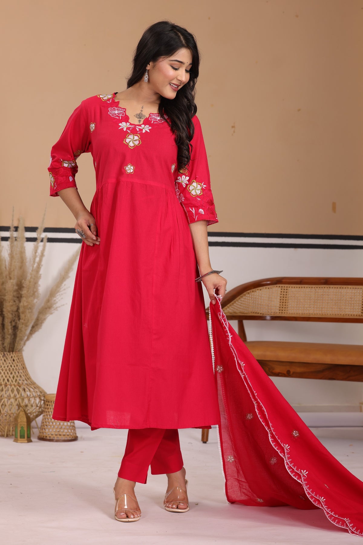 Floral Thread Work Cotton A-Line Kurta Set with Dupatta