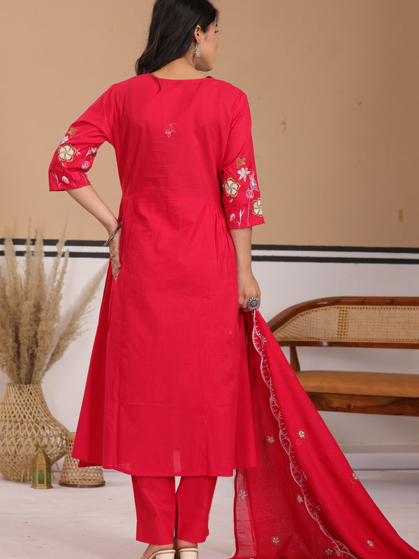 Lavender Floral Thread Work Cotton A-Line Kurta Set with Dupatta