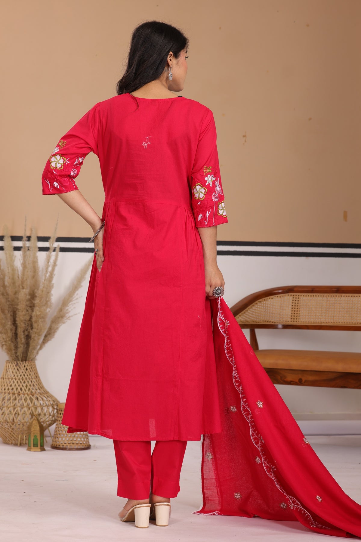 Floral Thread Work Cotton A-Line Kurta Set with Dupatta
