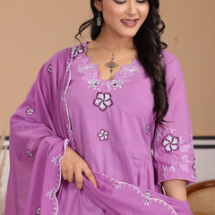 Lavender Floral Thread Work Cotton A-Line Kurta Set with Dupatta