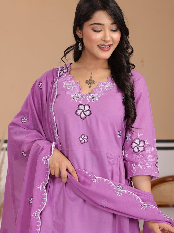 Lavender Floral Thread Work Cotton A-Line Kurta Set with Dupatta