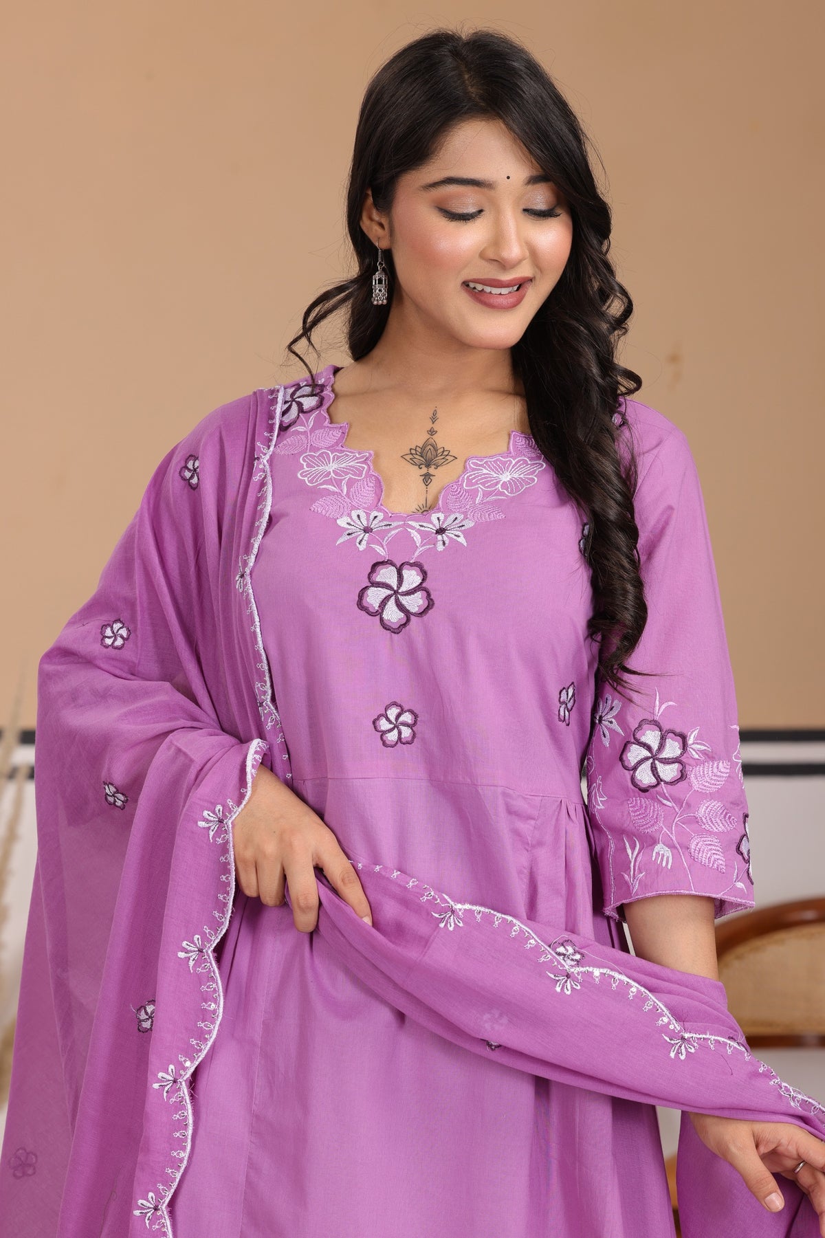 Floral Thread Work Cotton A-Line Kurta Set with Dupatta