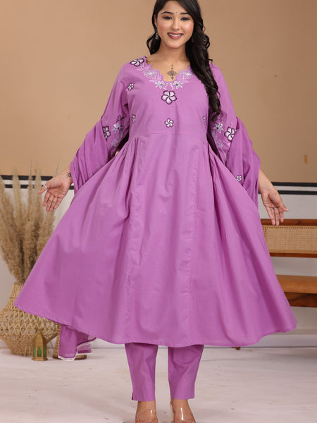 Lavender Floral Thread Work Cotton A-Line Kurta Set with Dupatta
