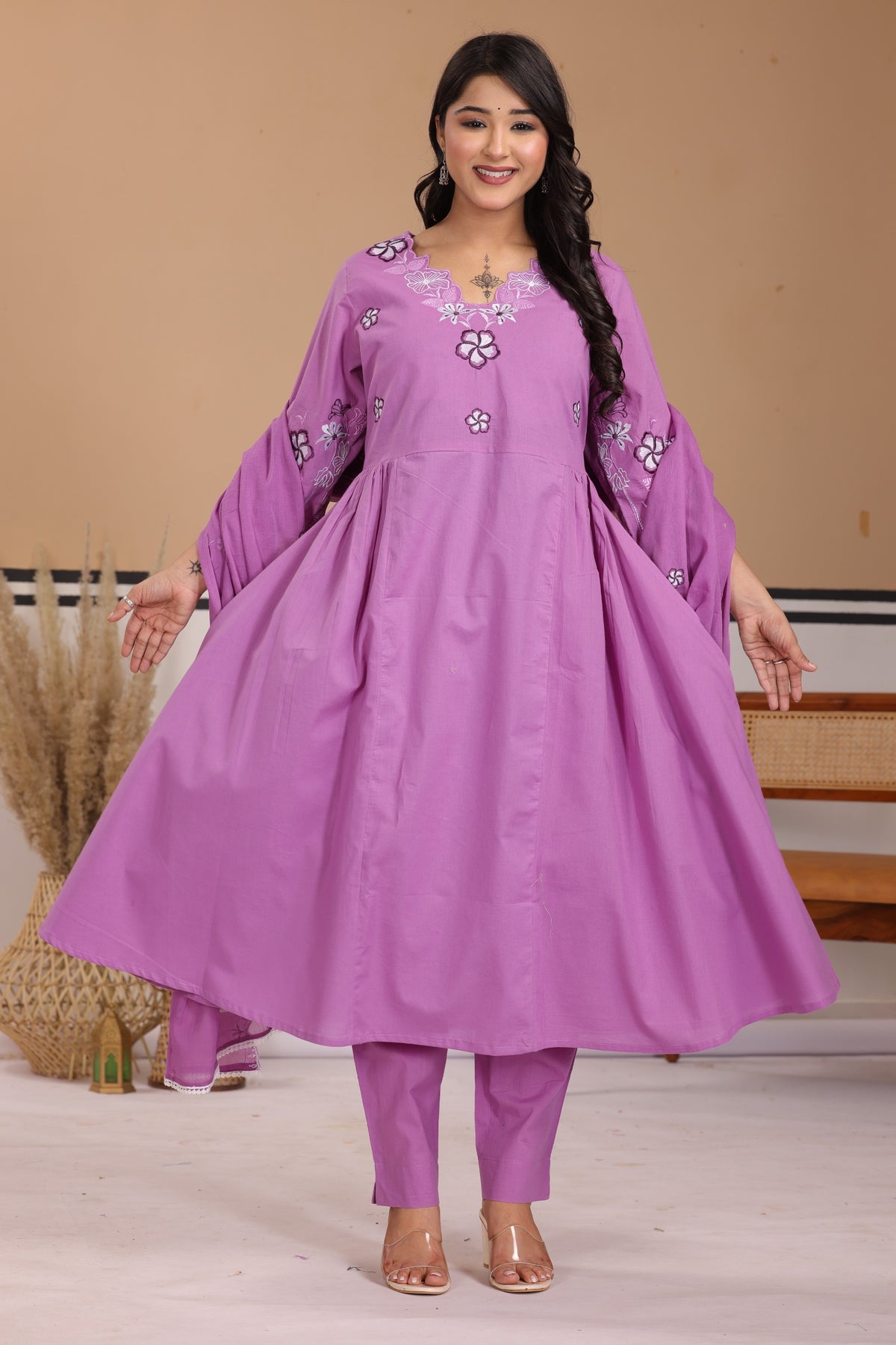 Floral Thread Work Cotton A-Line Kurta Set with Dupatta